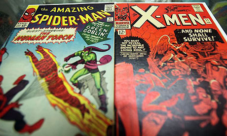 Spider-Man and X-Men comic books on display at St Mark's Comics in New York.
