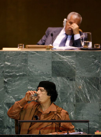 Muammar Gaddafi drink water during during his speech to the UN general assembly