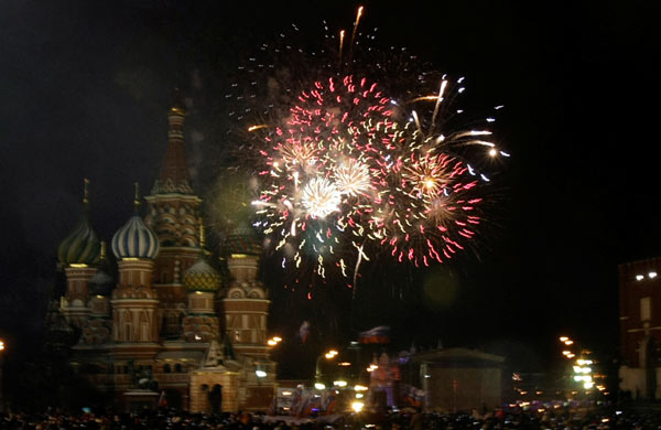 Fireworks are seen over the Red Square in Moscow, Russia