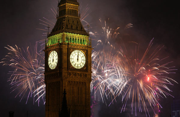 Fireworks light up the London skyline just after midnight on 1 January 2009 in England