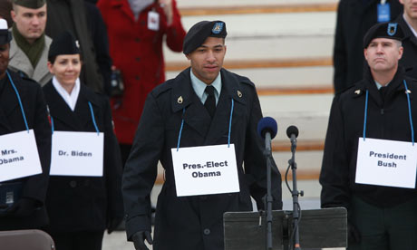 Members of the US military act as stand-ins at a rehearsal for Barack Obama's inauguration