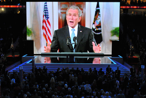 Gallery President George W Bush: US President George Bush addresses the audience in a live video 