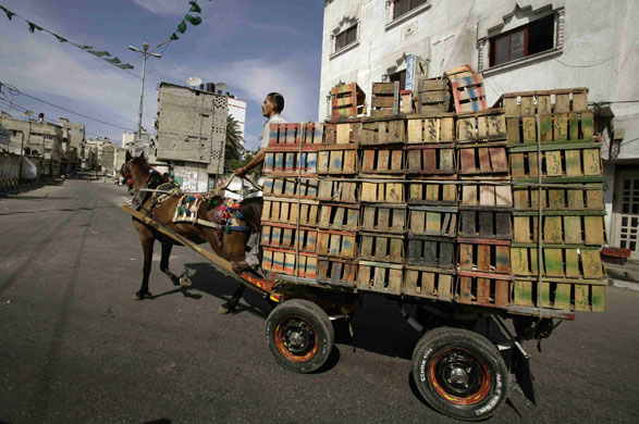 Gallery Gaza then and now: Gaza city, Gaza Strip: A Palestinian man transports empty fruit containers