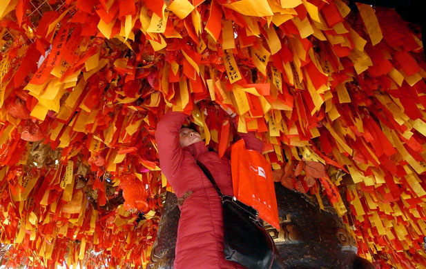 Gallery 24 hours in pictures:  visitor hangs wish-tapes on a wish-tree