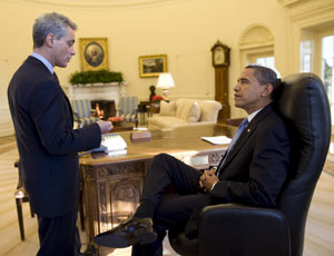 President Barack Obama meets with Rahm Emanuel in the Oval Office