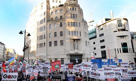 Protestors demonstrate outside the BBC building in London