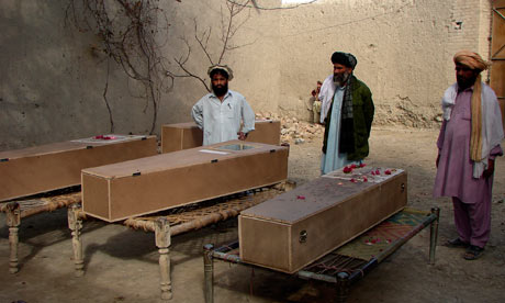 Coffins of the victims of a US airstrike on a village in Pakistan's tribal area