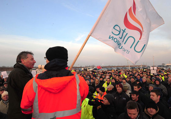 Gallery Oil refineries strike: Bernard McAulay from Unite speaks to protesters at Lindsey oil refinery.