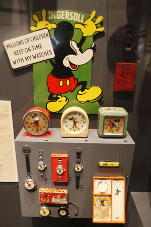 Mickey Mouse watches and clocks on display at Walt Disney Family Museum