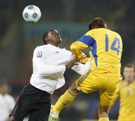 Ukraine v England: Emile Heskey is beaten in the air by Yevgen Khacheridi 