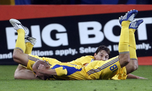 Ukraine v England: Sergiy Nazarenko, number 18, celebrates his goal in style