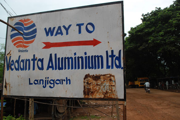 Vedanta in India: A sign points to the Vedanta company's Lanjigarh alumina refinery 