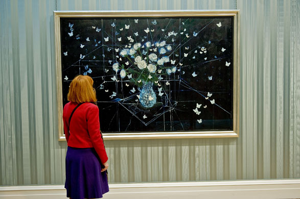 Damien Hirst No Love Lost: White Roses and Butterflies, 2008, on display