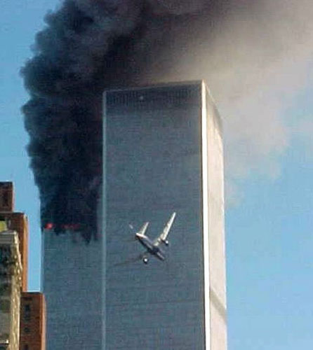 10 years: A jet airliner near the south tower of the World Trade Center