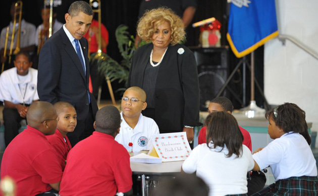 Barack Obama meets members of Dr Martin Luther King charter school's book club