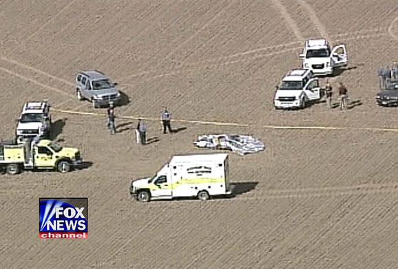 Balloon boy: Rescuers gather around the balloon after it landed in a field