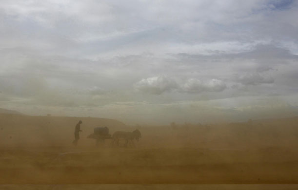24 hours: A man walks with donkeys through a dust storm in Kenya