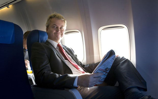 Geert Wilders: Dutch politician Geert Wilders smiles on board an airplane to London