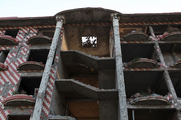 Swat Valley: A building destroyed by a suicide bomber in Mingora, Swat Valley