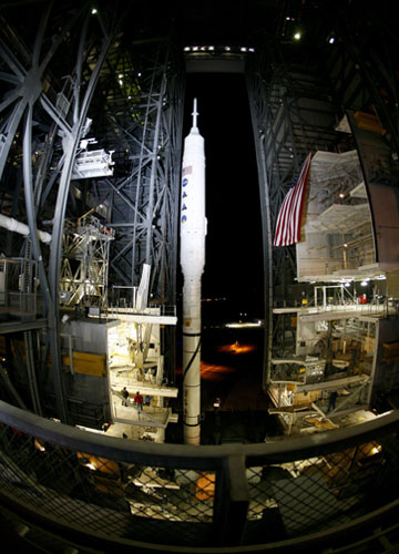 Ares I-X : The ARES I-Xl rocket sits on the mobil launch at Kennedy Space center