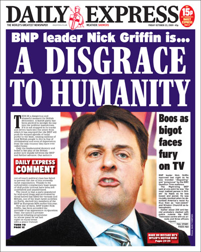 BNP Newspapers: BNP Front Pages: The Daily Express Friday 23 October 2009