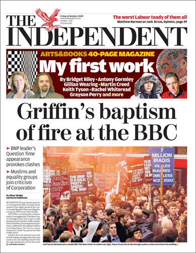 BNP Newspapers: BNP Front Pages: The Independent Friday 23 October 2009