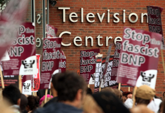 Protesters at BBC: Protests are held ahead of the BNP's appearance on the BBC's Question Time