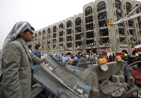 Bomb in Baghdad: Site of a massive bomb attack at the Ministry of Justice in Baghdad, Iraq