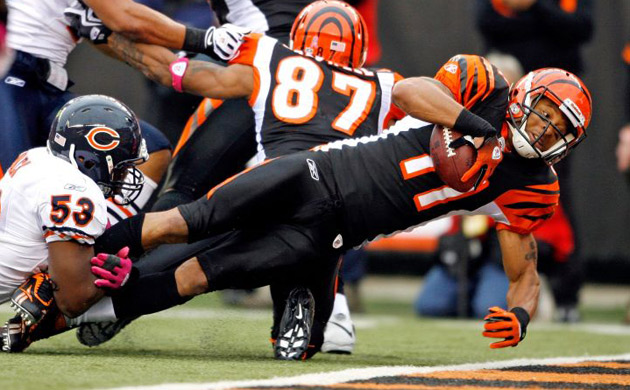 <b>Cincinnati Bengals 45, Chicago Bears 10:</b>  Bengals receiver Laveranues Coles scores a touchdown as he is tackled by defenders. Bengals running back Cedric Benson rushed for a career-high 189 yards against his old team and quarterback Carson Palmer passed for 233 yards and five touchdowns. The Bengals (5-2) dominated the Bears (3-3) on offence, scoring 31 points in the first half