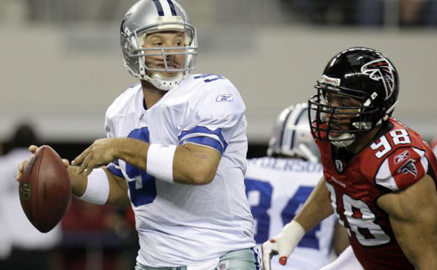 <b>Dallas Cowboys 37, Atlanta Falcons 21:</b> Cowboys quarterback Tony Romo drops back to pass while Falcons defensive end Jamaal Anderson closes in. Romo threw for three touchdowns and 311 yards and wide receiver Miles Austin caught six passes for 171 yards and two touchdowns in his first career start for the Cowboys (4-2). The Falcons (4-2) sputtered as the Cowboys defence pressured quarterback Matt Ryan, who was sacked four times and intercepted twice