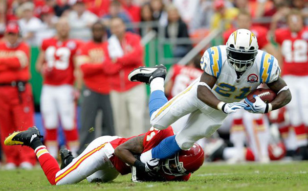 <b>San Diego Chargers 37, Kansas City Chiefs 7:</b> Running back LaDainian Tomlinson of the Chargers is tackled by Brandon Flowers of the Chiefs. Tomlinson ran for 71 yards and quarterback Philip Rivers passed for 268 yards and threw three touchdowns as the Chargers (3-3) defeated the struggling Chiefs (1-6).  Chargers kicker Nate Kaeding booted three field goals