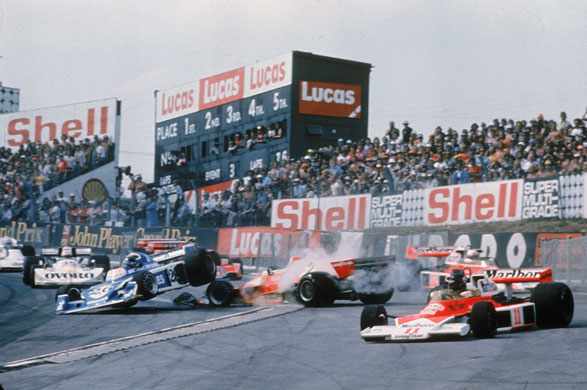 British Grand Prix: James Hunt in a pile up at the first corner at the 1976 British Grand Prix