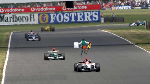 British Grand Prix: A protestor runs onto the track during the 2003 British Grand Prix