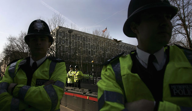 US embassies: Police officers secure the American embassy in London