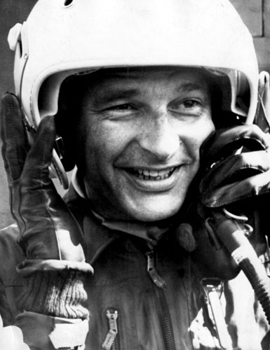 Jacques Chirac: 1975: Jacques Chirac lifts his helmet after riding in a fighter plane