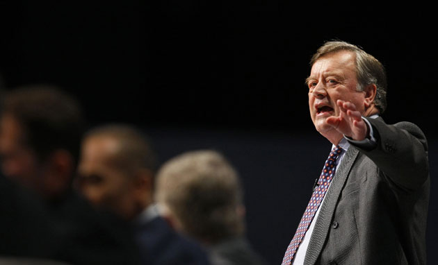 Conservative conference 2: Shadow Business Secretary Kenneth Clarke gestures during his address 