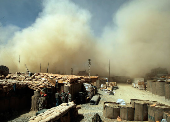 7 October 2009: Paktika Province, Afghanistan: Dust from an arriving helicopter