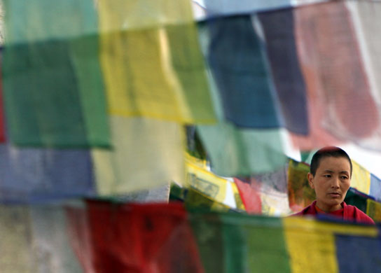 7 October 2009: Kathmandu, Nepal: A Tibetan Buddhist nun looks through prayer flags