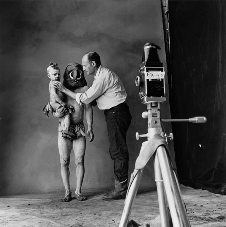 Irving Penn: Photographer Irving Penn at a shoot with a New Guinea mud man and a child