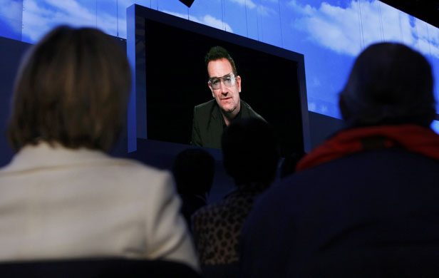 Conservative conference4: Singer Bono make an address on screens at the Conservative Party conferenc