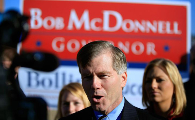 Virginia Republican gubernatorial nominee Bob McDonnell talks to reporters after voting at Rivers Edge Elementary School in Glen Allen