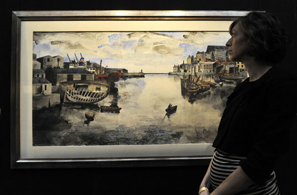 Lord Attenborough auction: A woman views Edward Burra's Harbour With Boats Plymouth