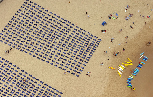 15 November 2009: Sydney, Australia: Beach towels laid out during an event on Bondi Beach