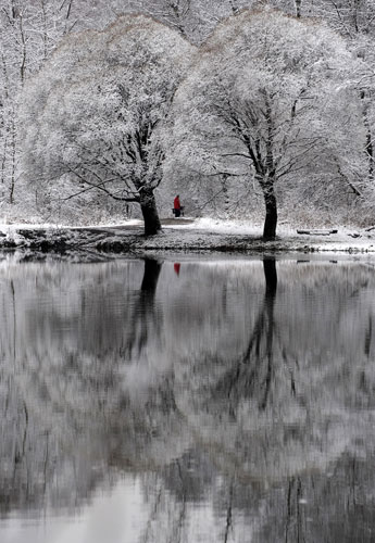 24 hours in pictures: Moscow, Russia: A woman walks under the snow-covered trees in a park 