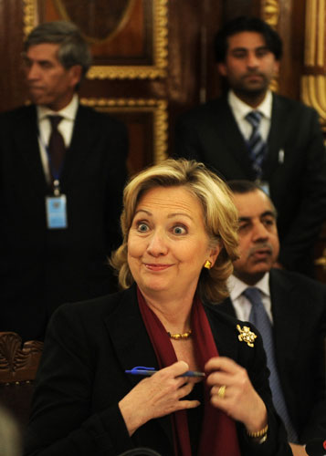hamid karzai: Hillary Clinton smiles during a meeting at the Ministry of Foreign Affairs