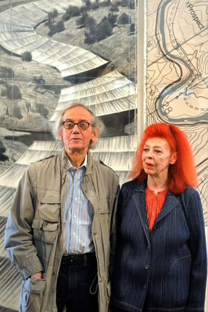 Christo and Jeanne-Claude speak during a press conference on their exhibition Over the River, A Work in Progress at Fondation de l'Hermitage in Lausanne, Switzerland