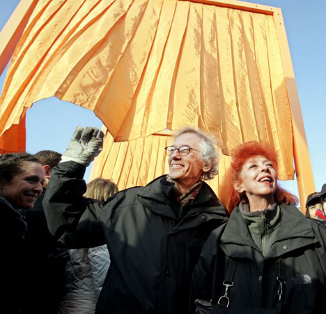 Artists Christo and Jeanne-Claude at the opening of The Gates at New York's Central Park in 2005