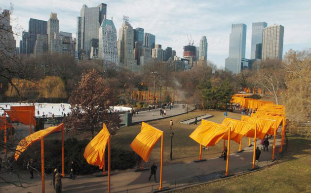 Visitors to New York's Central Park walk through Christo and Jeanne-Claude's installation titled The Gates in 2005. Photograph: Keith Bedford/EPA