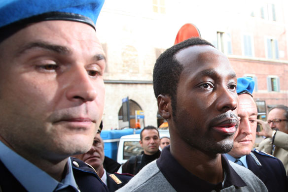 Meredith Kercher trial: Rudy Guede arrives at the Perugia courthouse for his appeal 