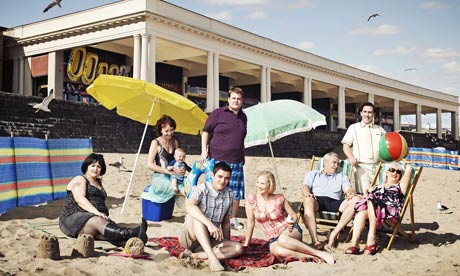 The cast of Gavin & Stacey on the beach at Barry